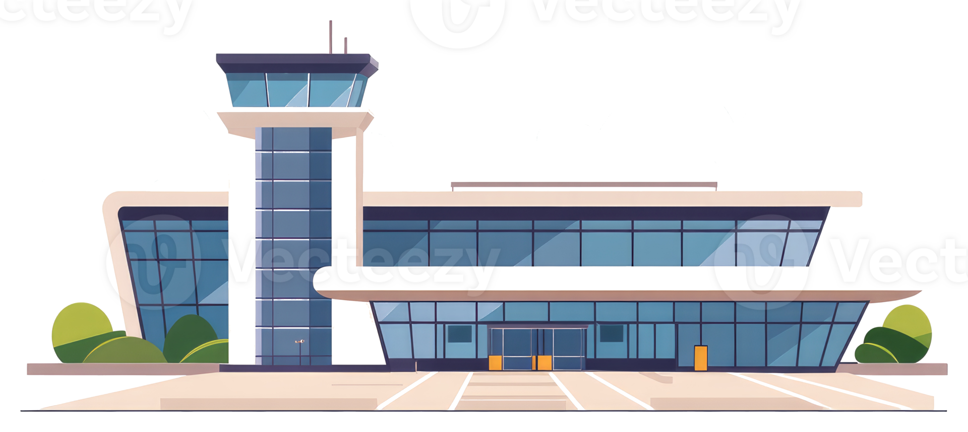 An illustrated modern airport terminal building with a control tower png