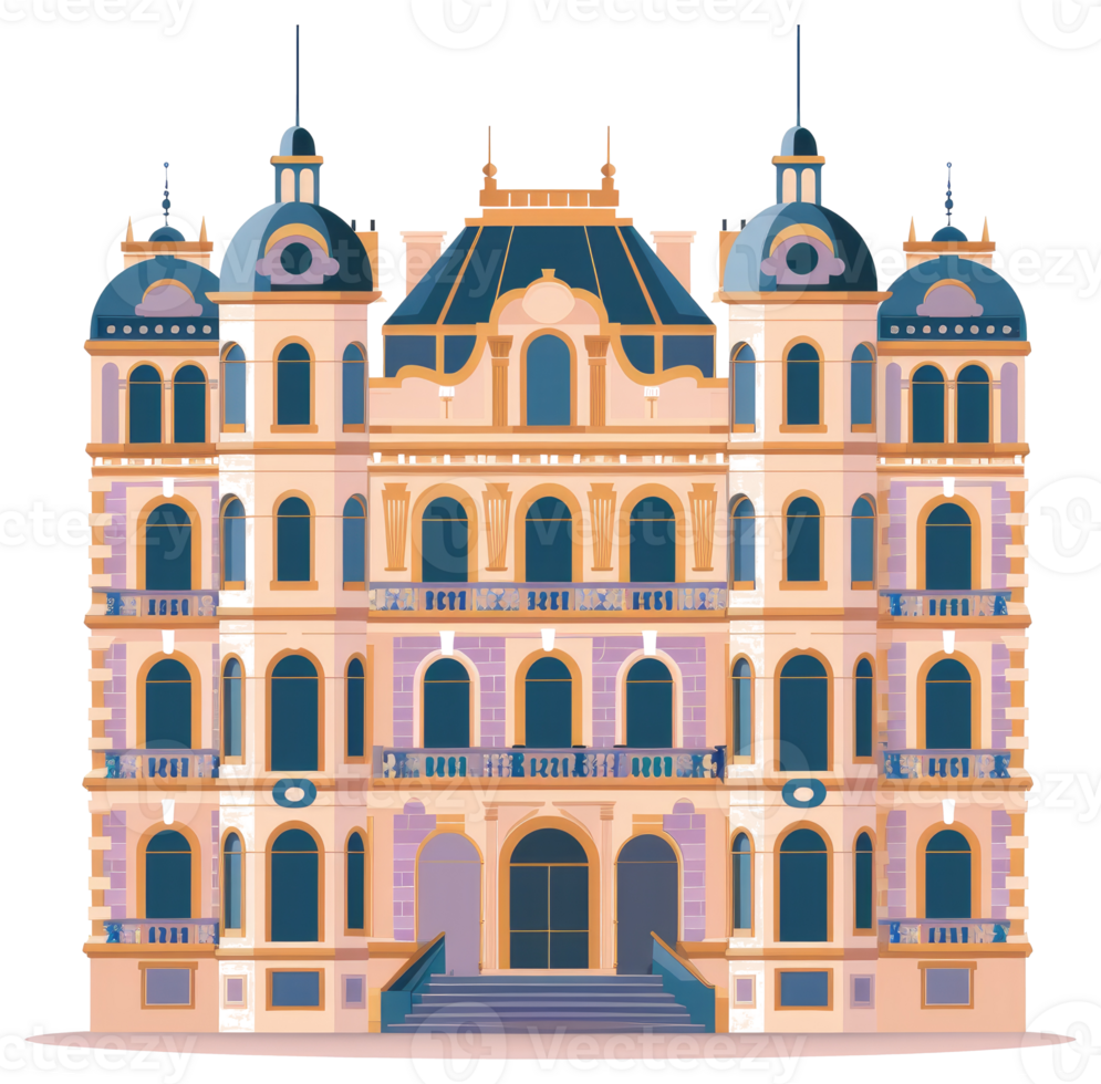A grand multi story building designed with intricate architectural details png