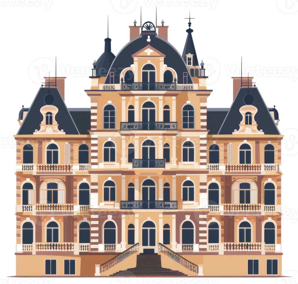 Architectural illustration showcasing a large building with numerous windows and balconies png