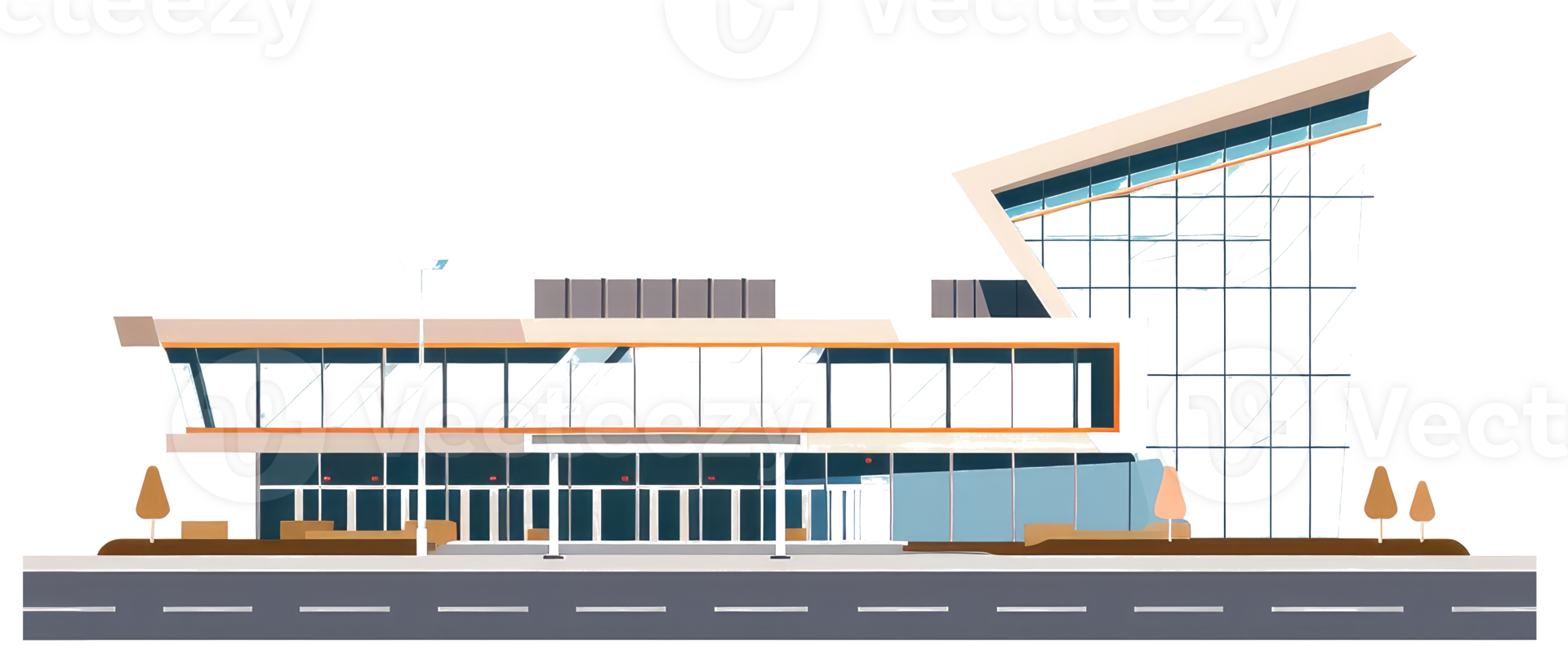 An illustration of a modern building with glass windows and trees png