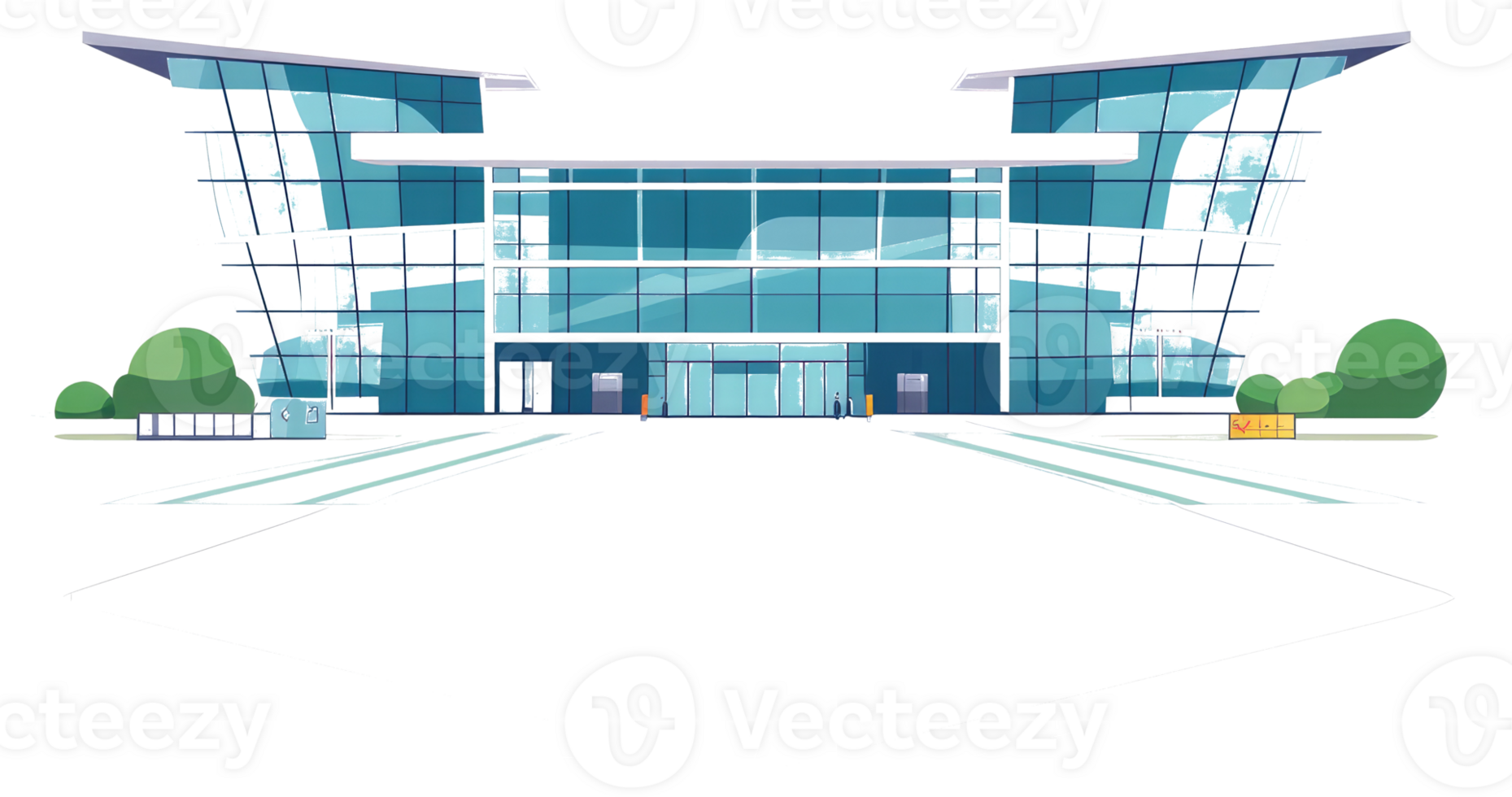 Modern glass building with angled roof and entrance doors prominently visible png