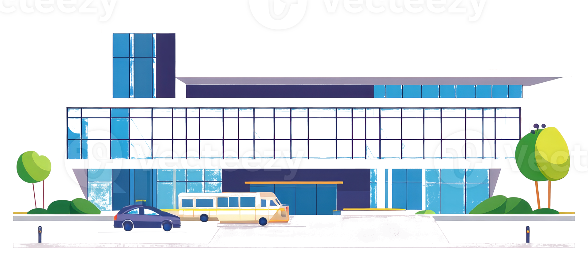 An illustration of a modern building with transportation outside it png