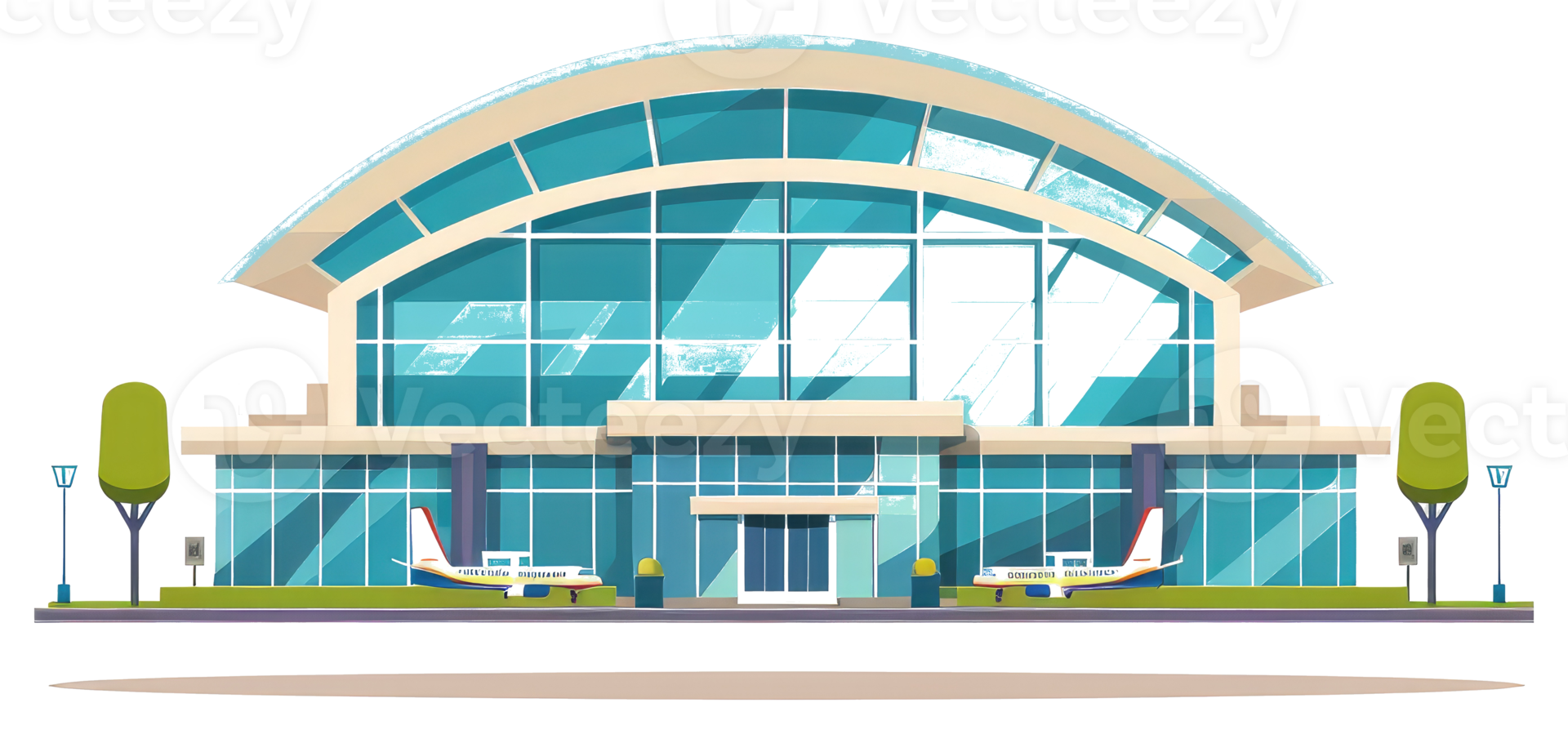 A modern glass building with planes on the outside png