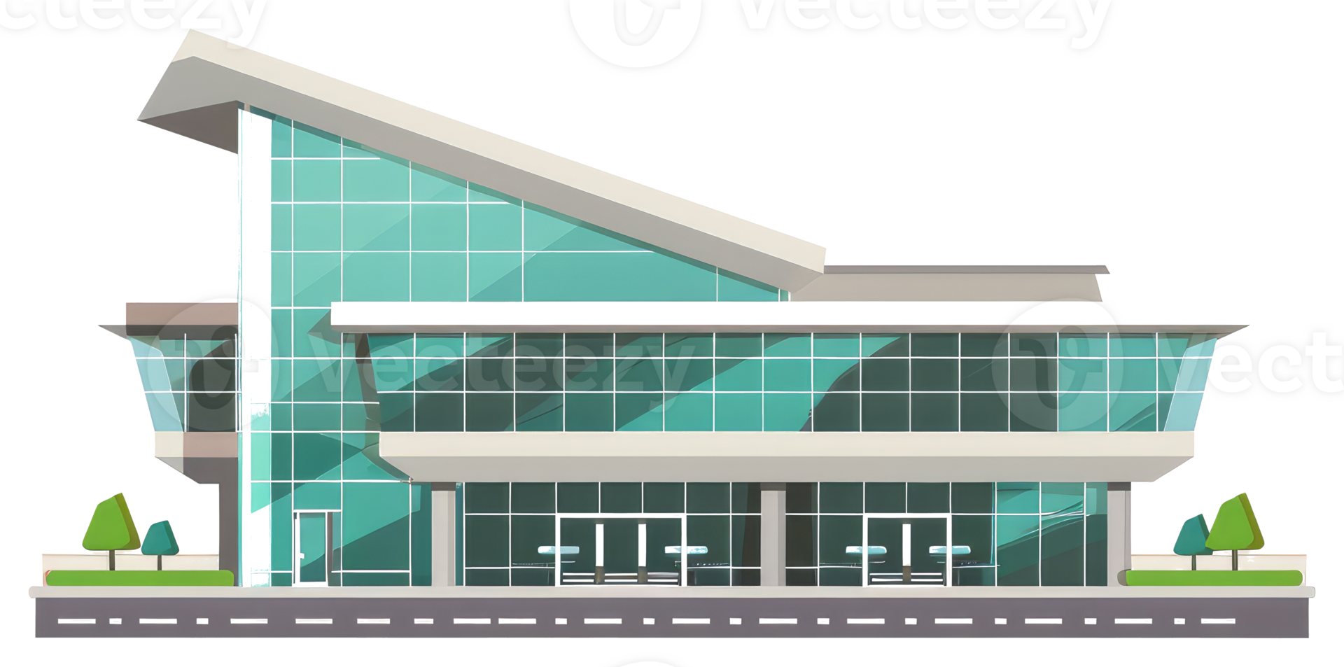 A modern building featuring glass windows and a slanted roof design png