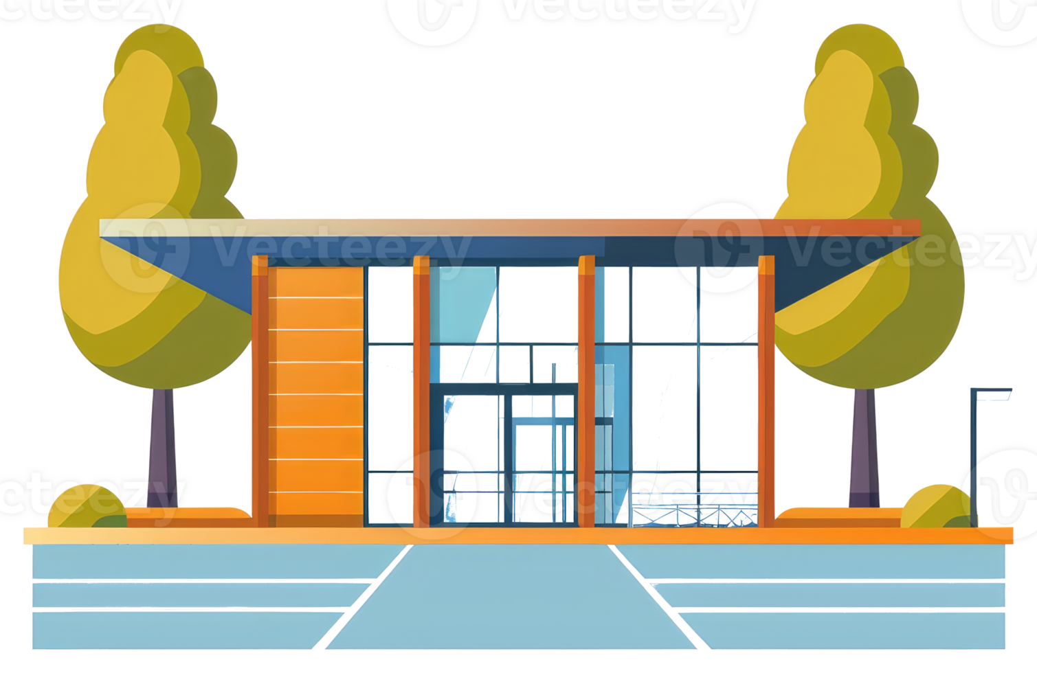 A modern building with glass doors and green trees beside it png