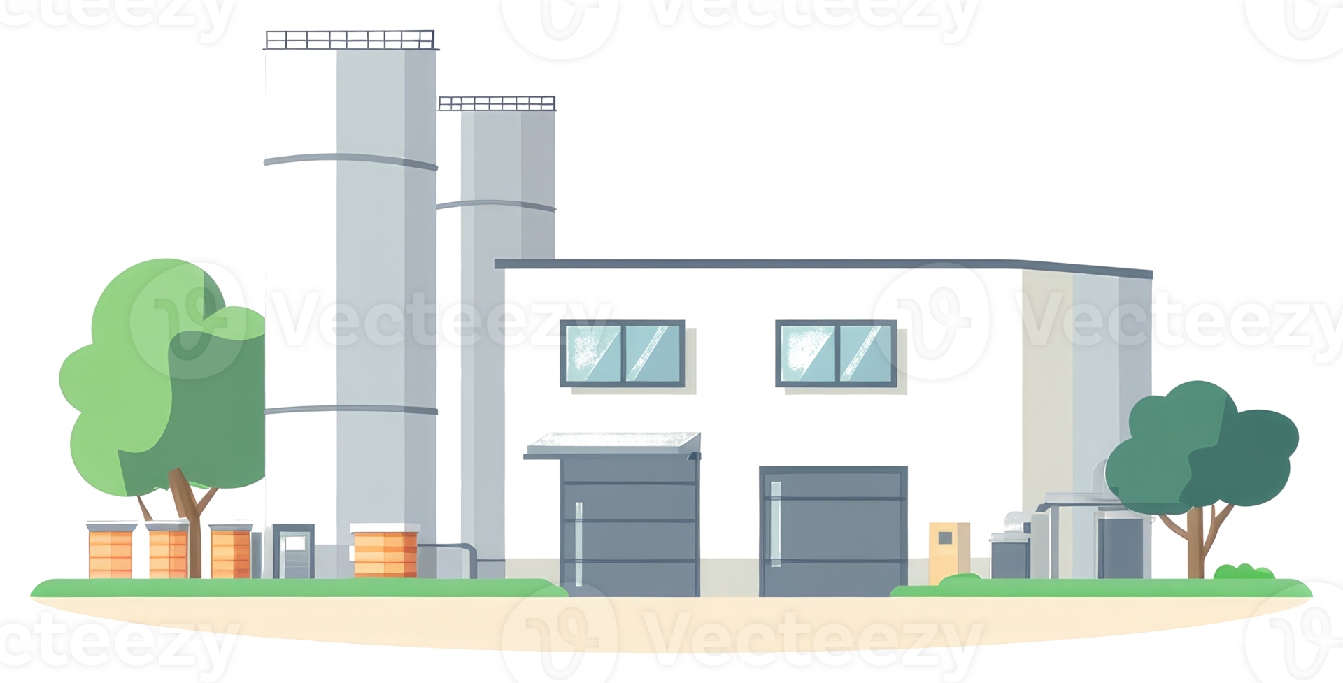 A white industrial factory building with tall cylindrical towers png