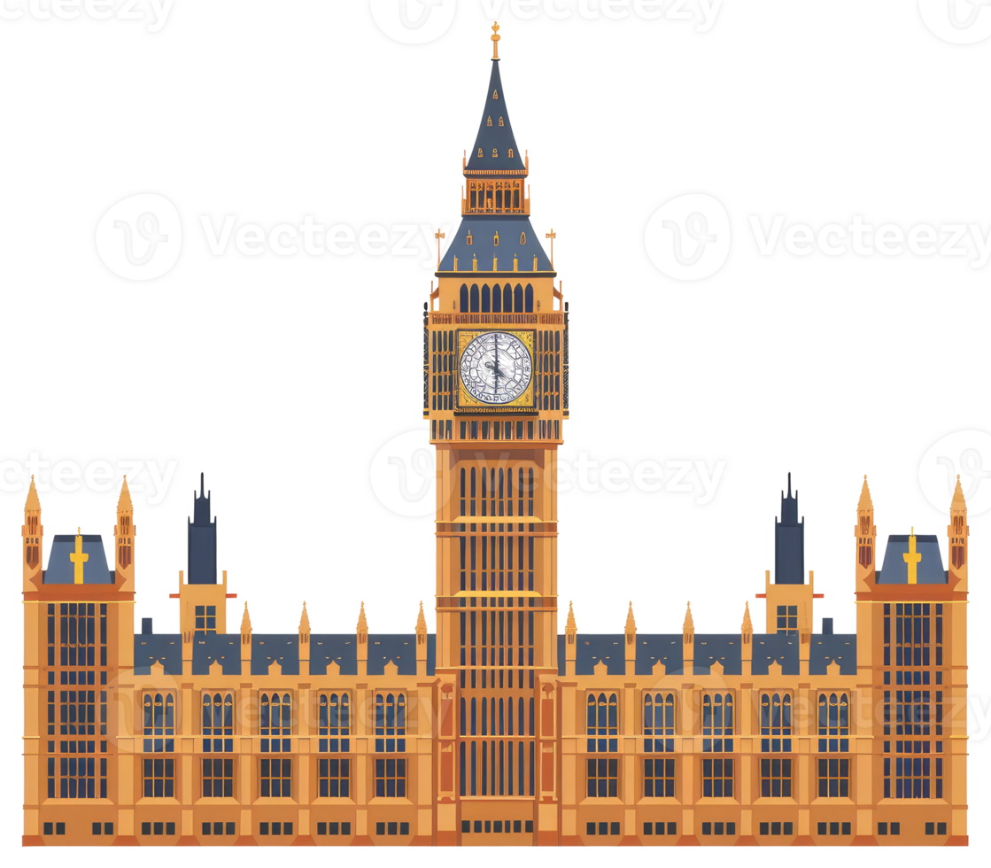A detailed illustrative architectural representation of a clock tower building png
