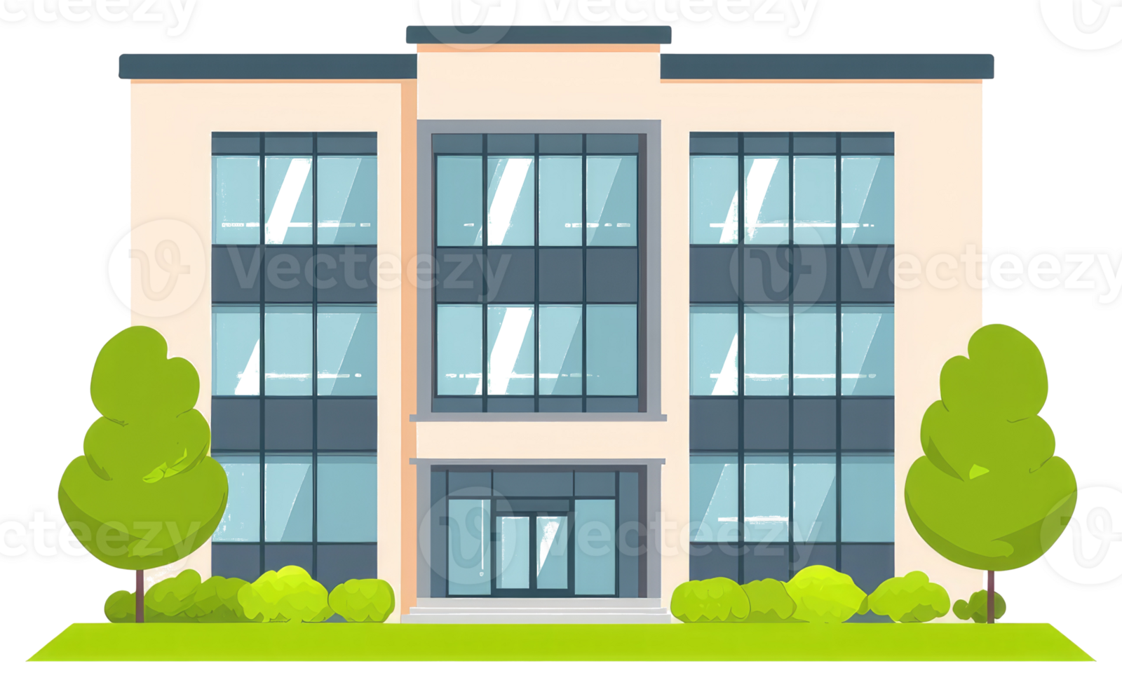 A modern building with large windows and green landscaping png