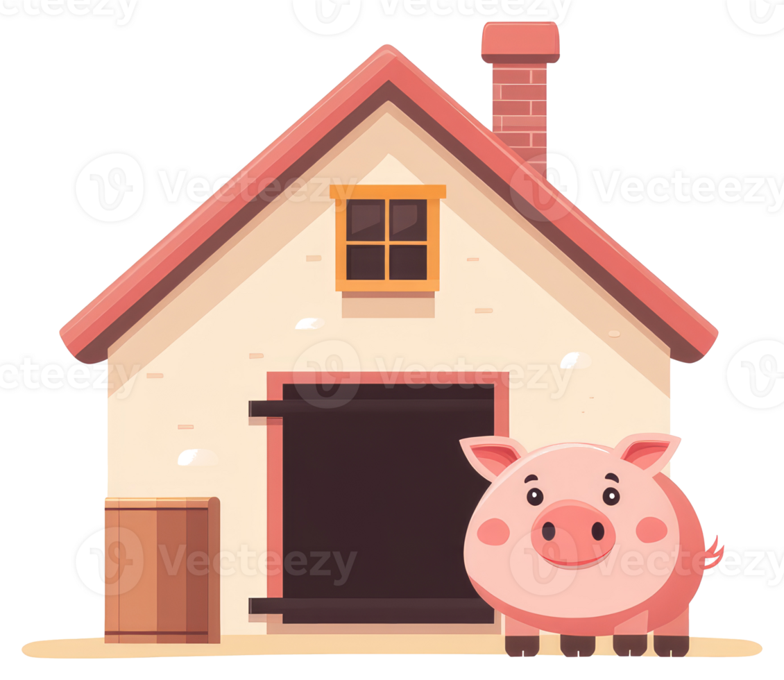 A cartoon pig stands outside of a simple barn structure png