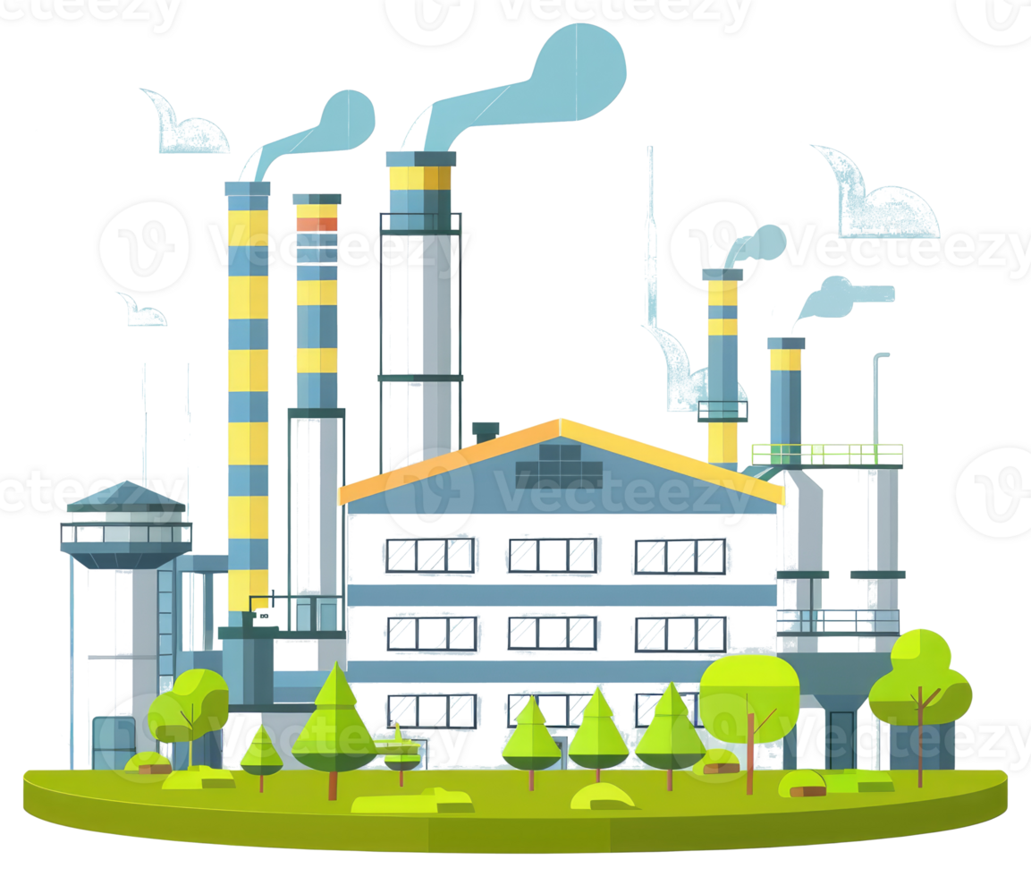 An industrial plant emitting smoke with various architectural features png
