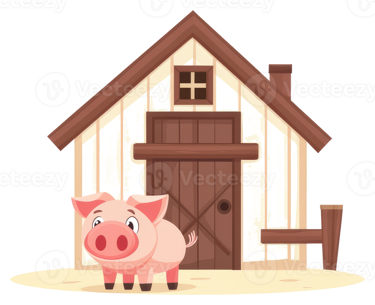 An Animated Pig Standing Near a Barn Type Wooden Structure png