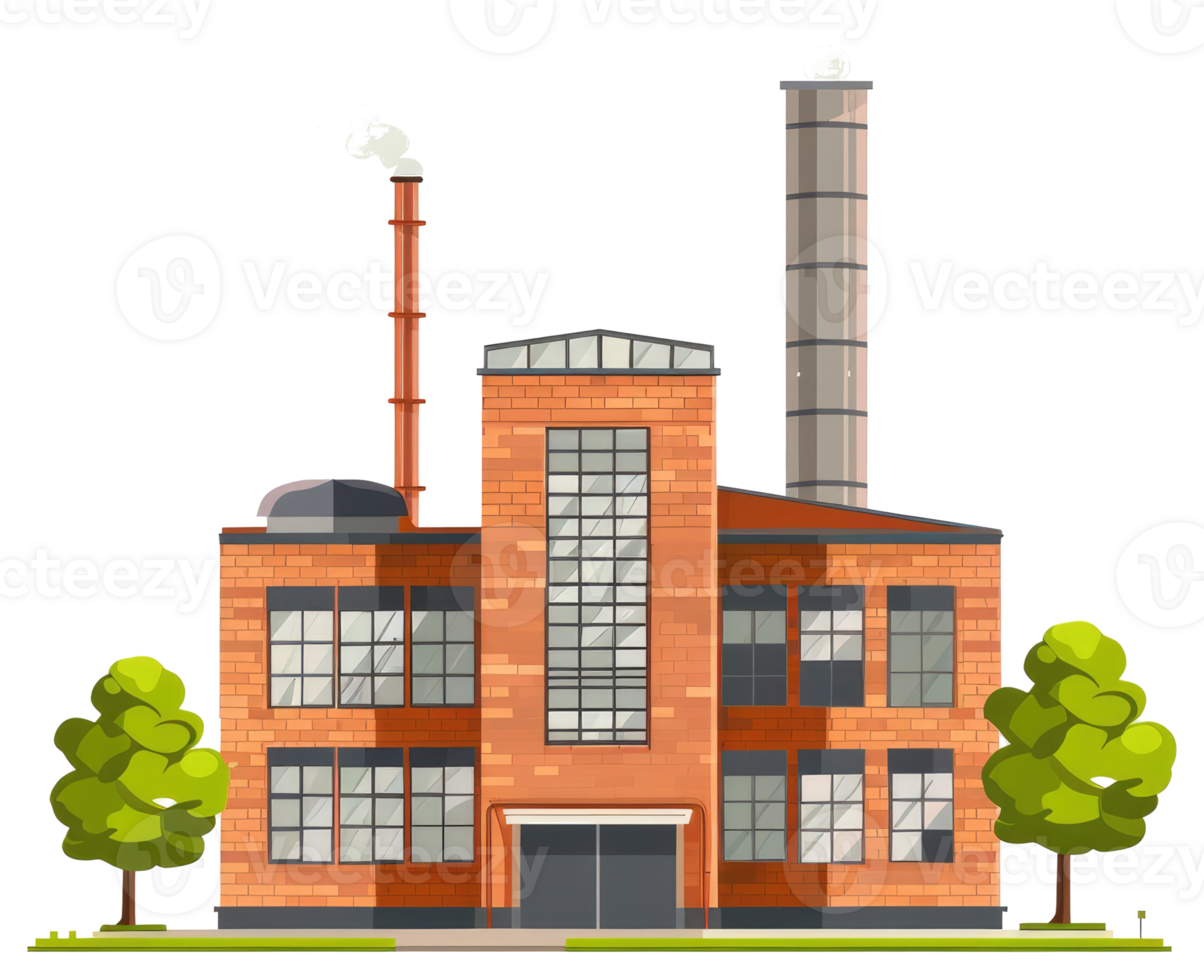 A stylized brick factory with smoking chimneys and surrounding trees png