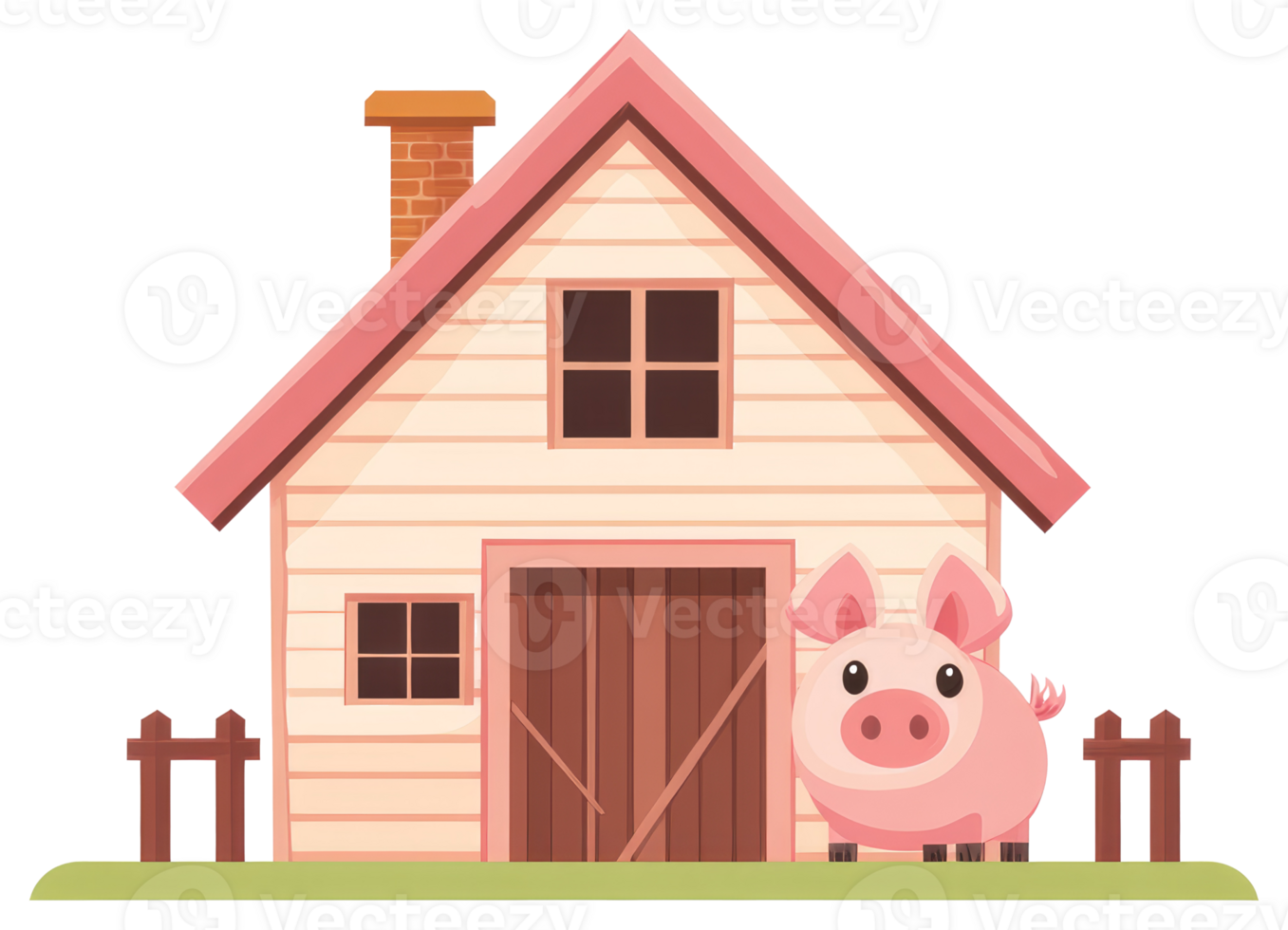 A cartoon illustration features a pink pig beside a farmhouse building png