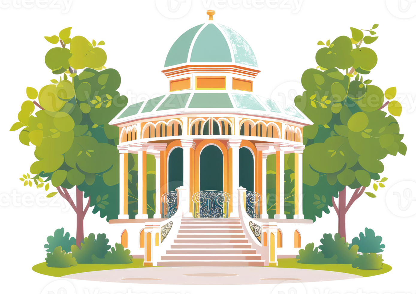 A beautiful illustration depicting a garden gazebo with trees around it png