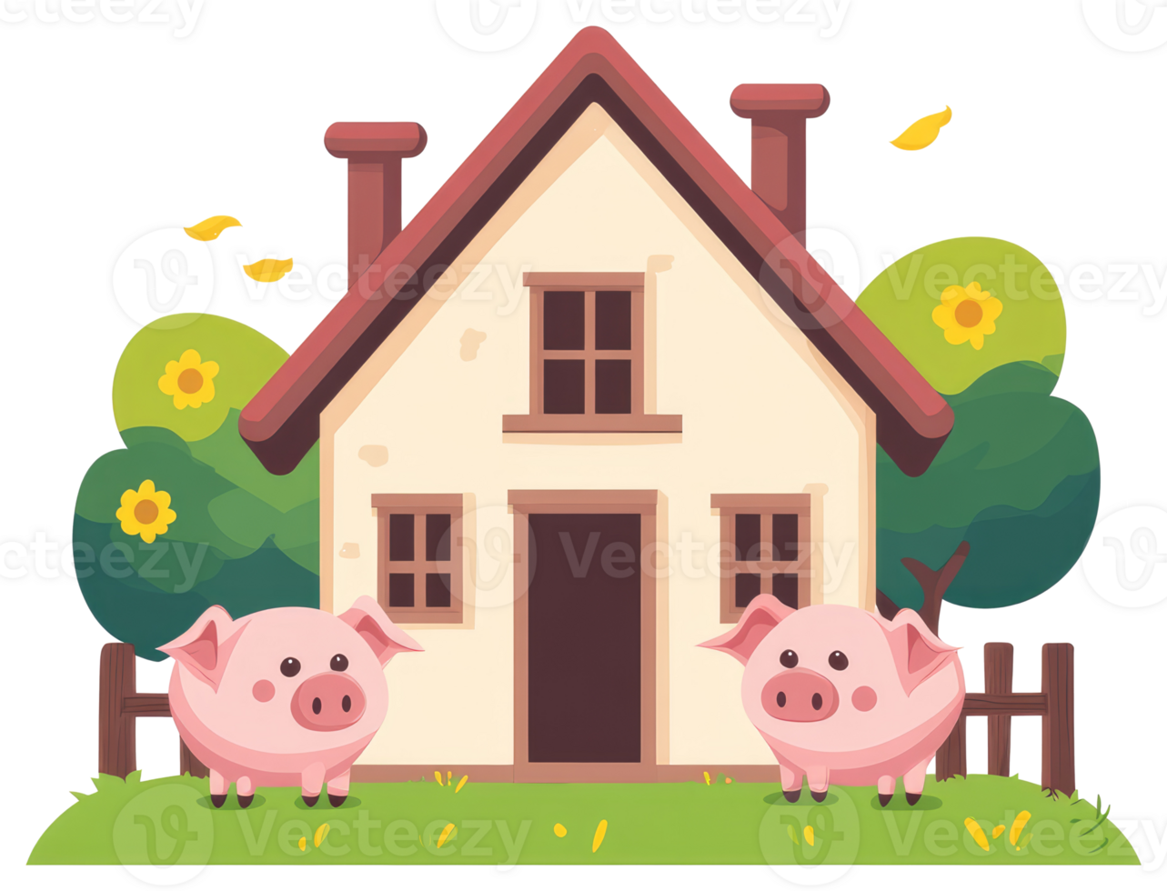 Two friendly pigs are standing in front of a house png