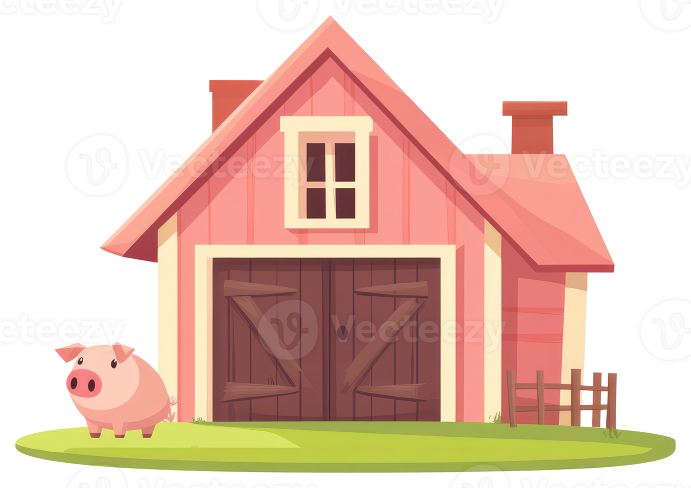 A pink barn with a happy pig on green grass png