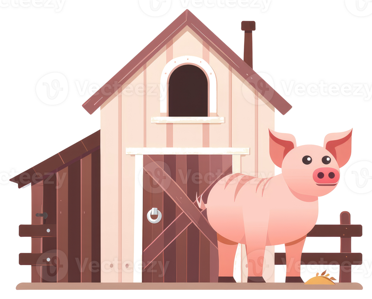 A pink pig stands near its wooden barn with a fence png