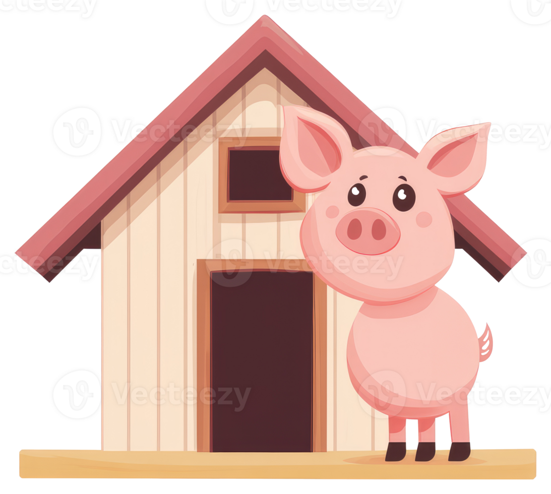 A cartoon pig standing beside its simple wooden house png