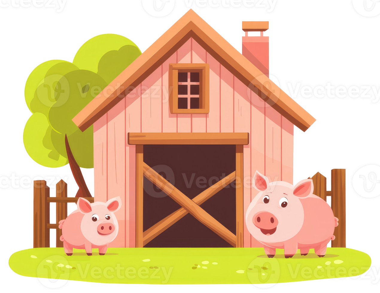 Two animated pigs standing outside a cartoon barn on grass png