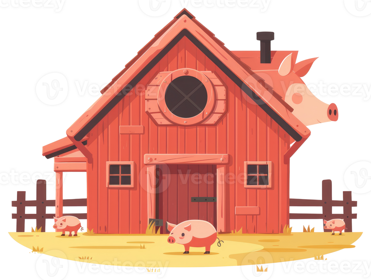 A charming red barn and some playful pigs on a farm setting png