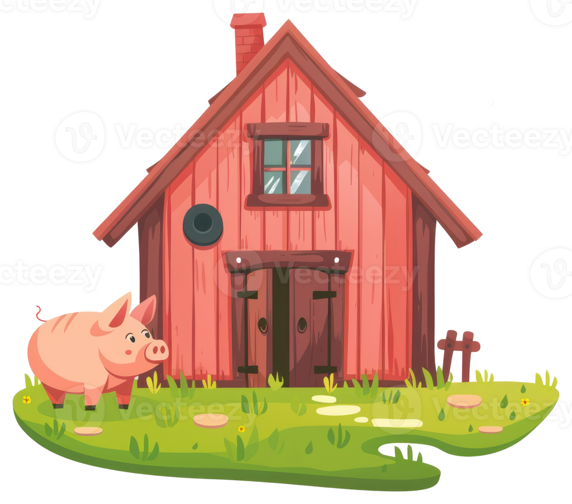 A colorful cartoon depiction of a pig and red farm building png