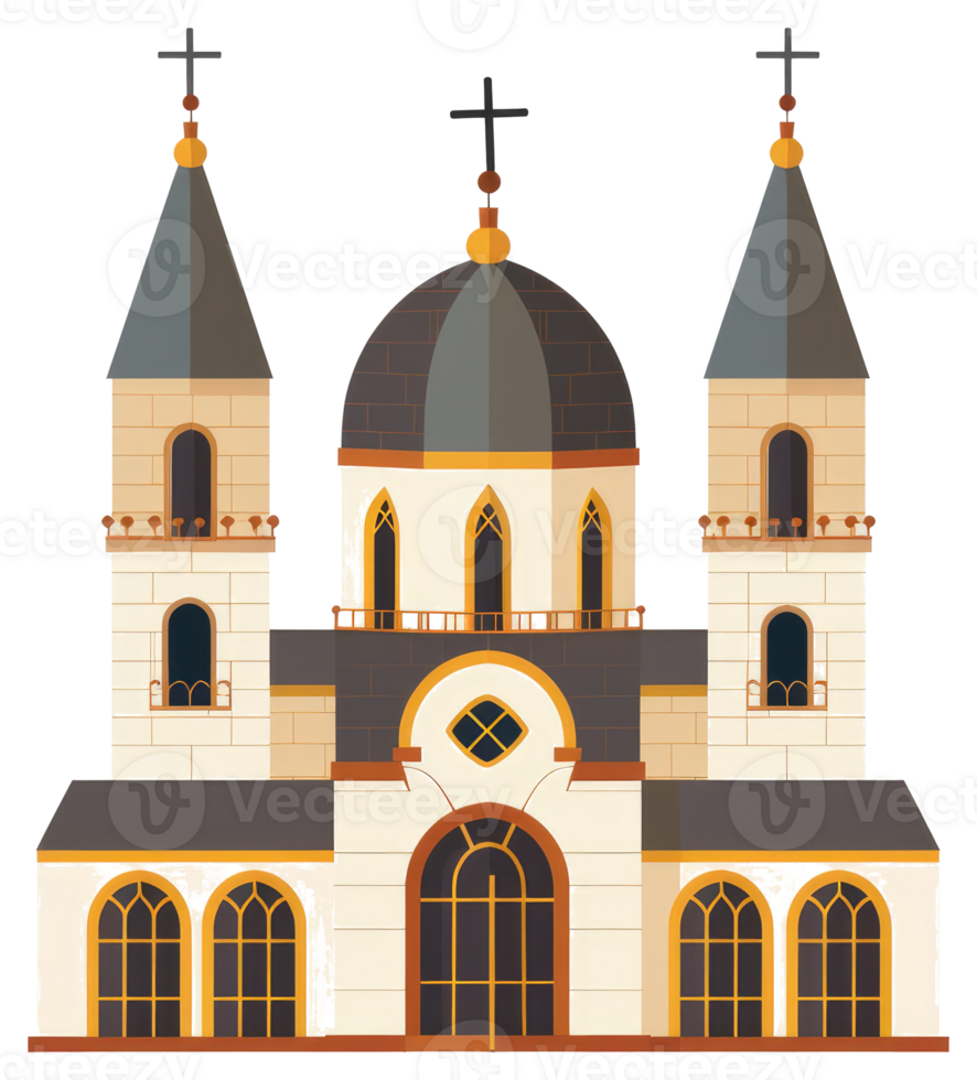 A stylized illustration of a church building with multiple towers png