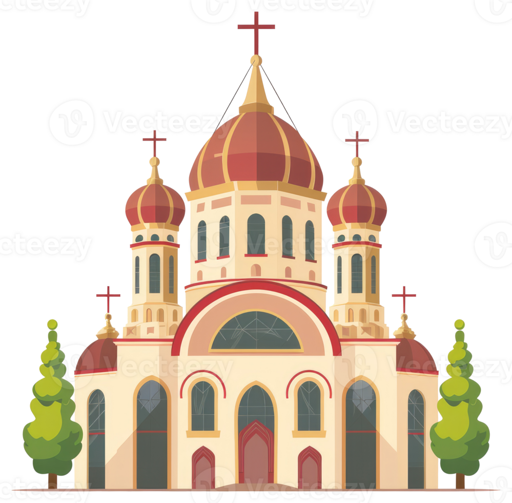 A large ornate church building stands tall with multiple domes and crosses png