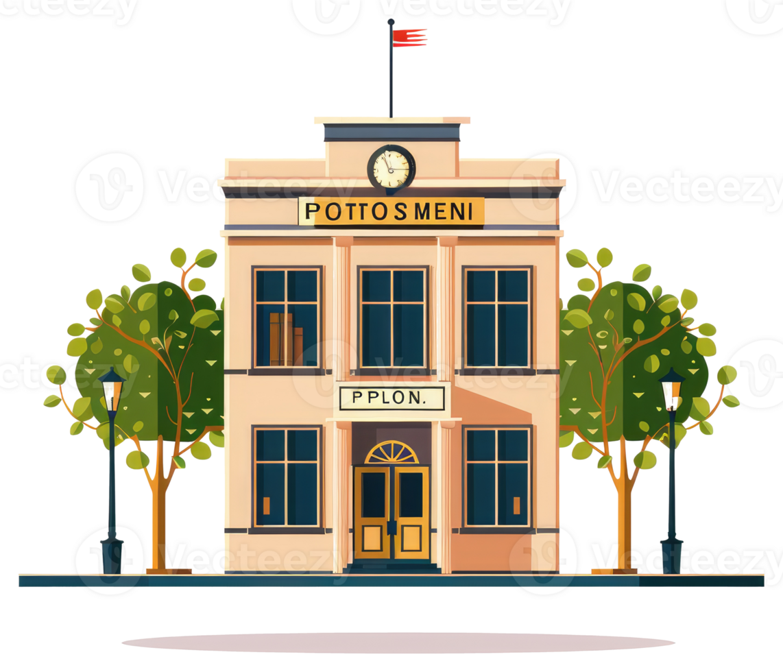 An illustrated building facade with trees and a flagpole on top png