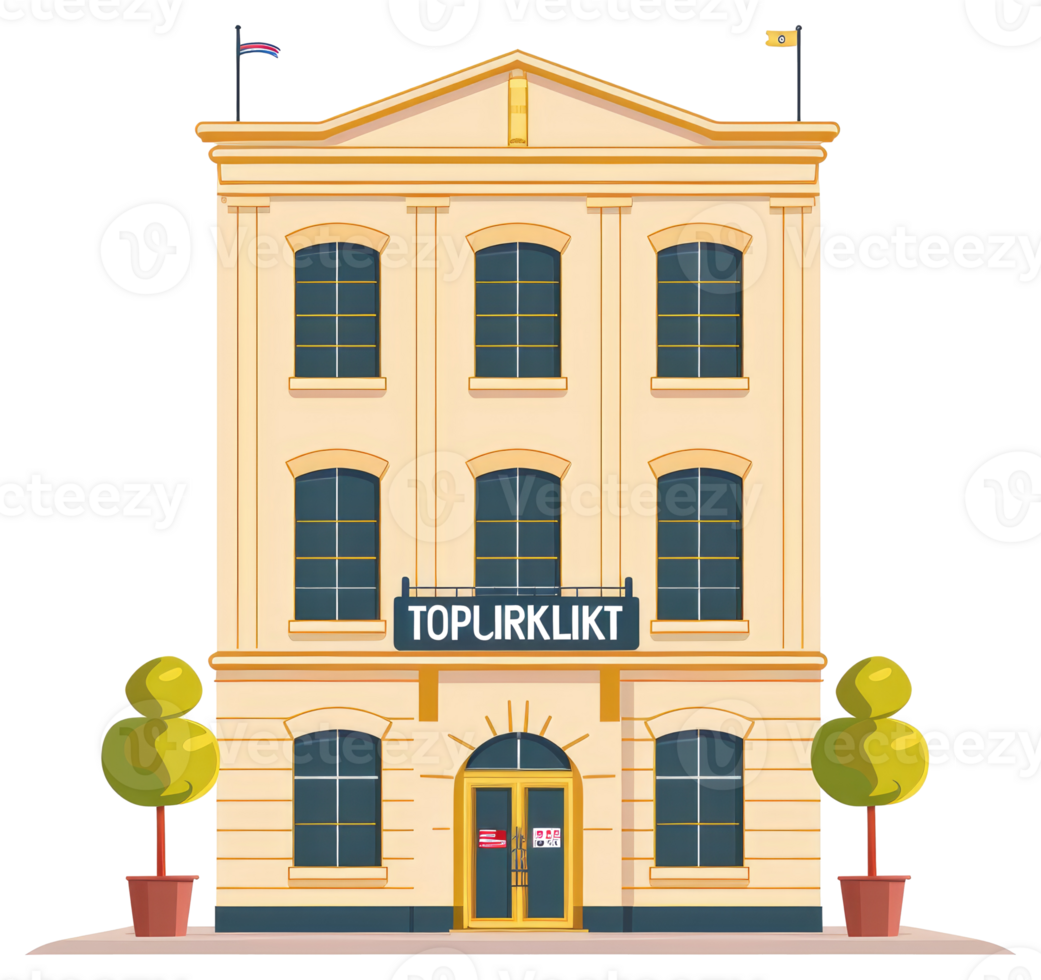 An illustrated building with windows and potted plants outside png