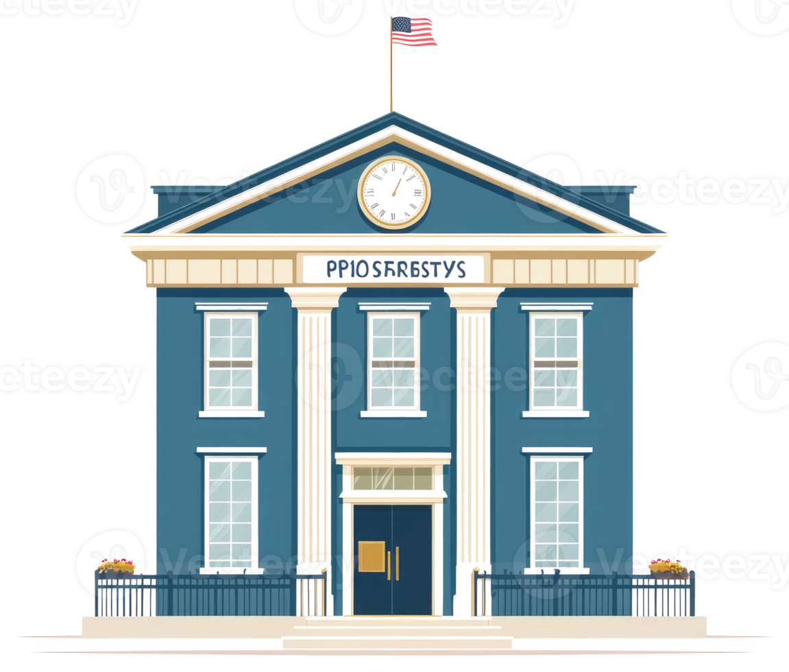 An illustration of a blue building with flag and clock png