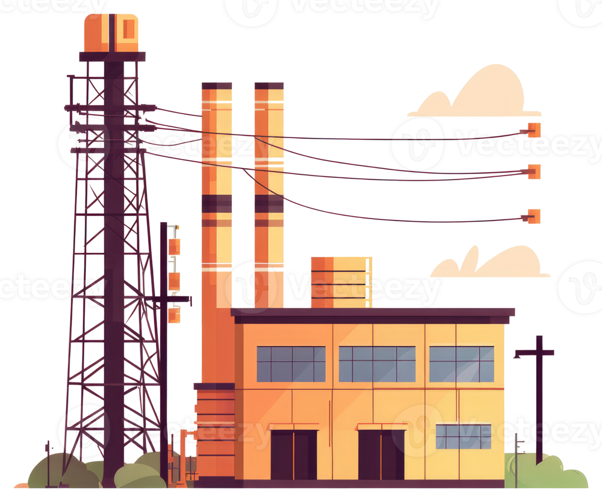 A stylized factory with towers and power transmission lines png