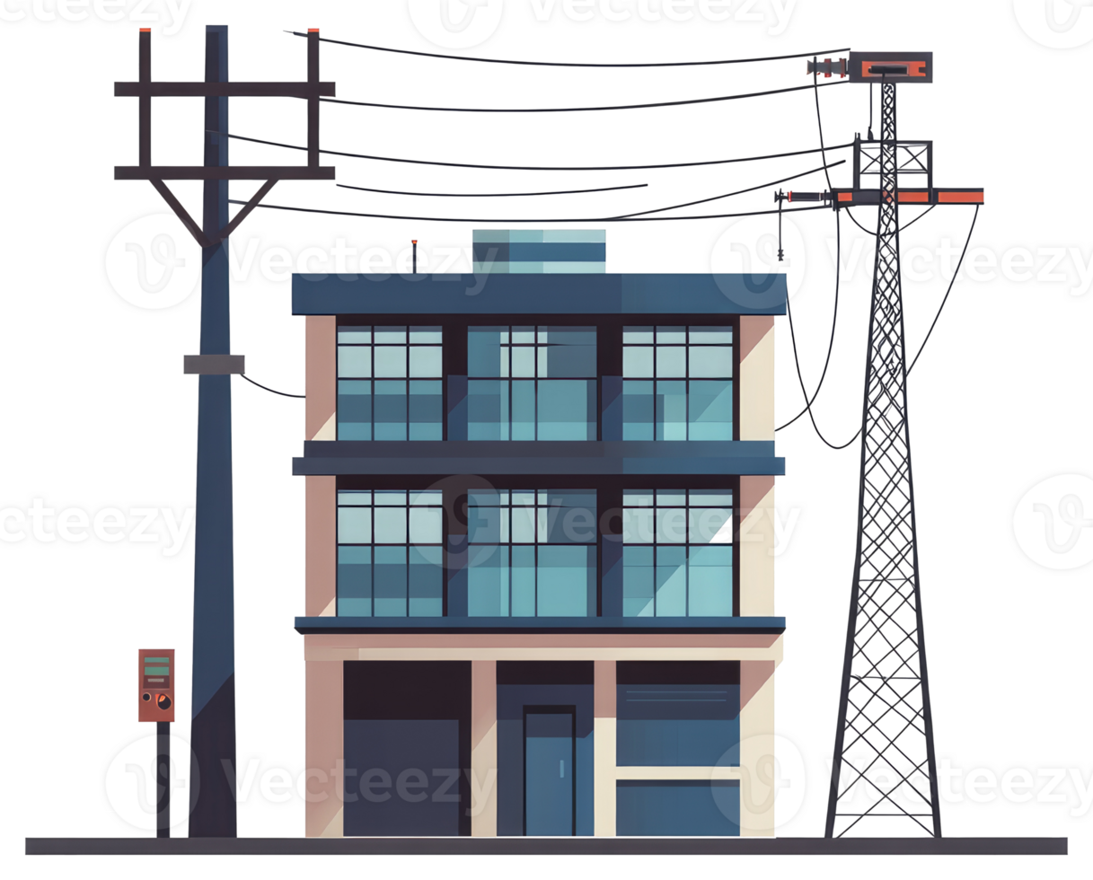 Modern illustration showing a building with electrical infrastructure components png