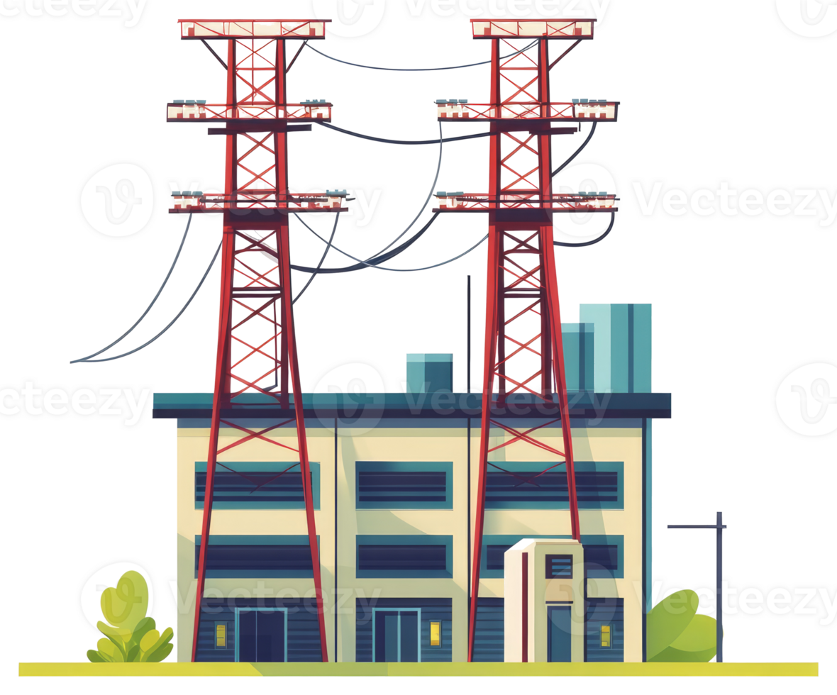 Cartoon illustration showing power station building and electrical transmission towers png