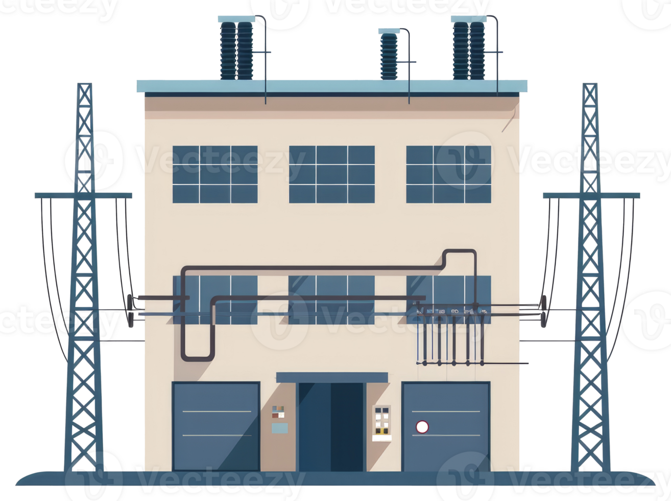 A power plant building with towers and electrical infrastructure is shown png
