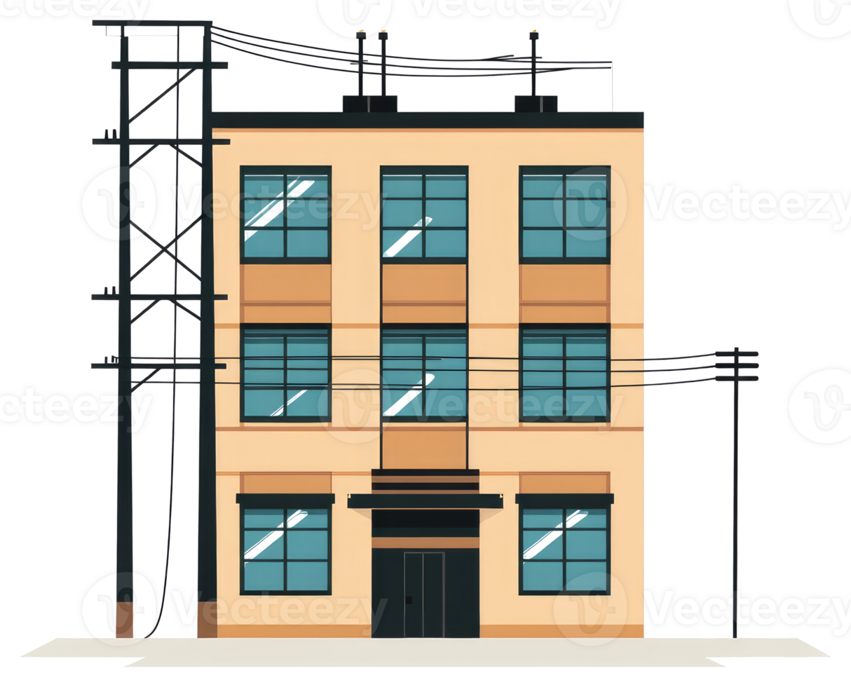 A illustration depicts a building with windows and power lines png
