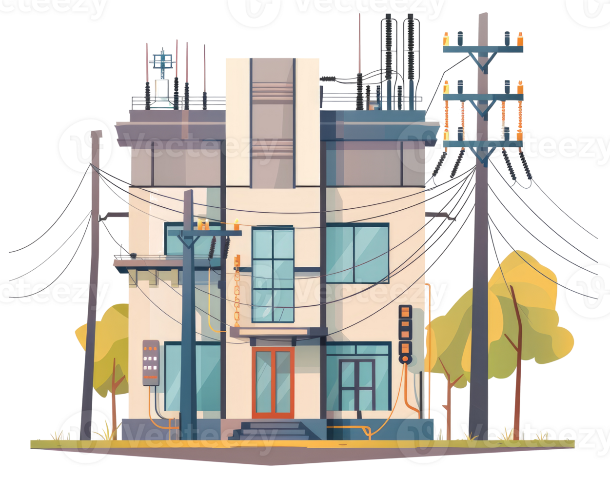 An illustration of a power substation building with power lines png