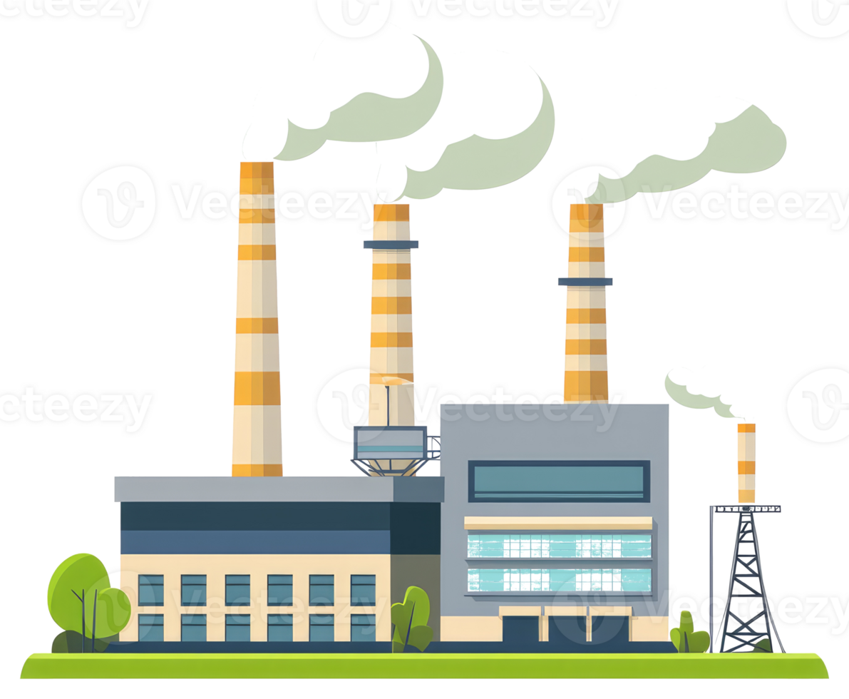 An industrial factory with smokestacks emitting pollution clouds skyward png