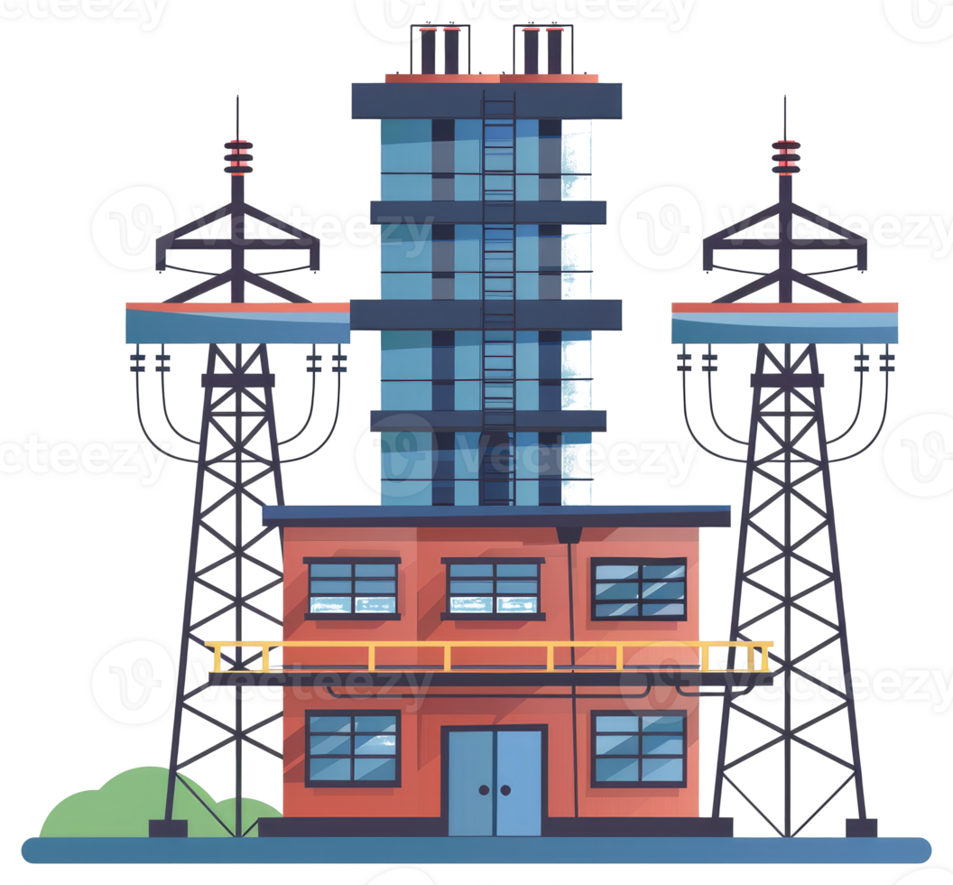 A large industrial building with tall electrical transmission towers png