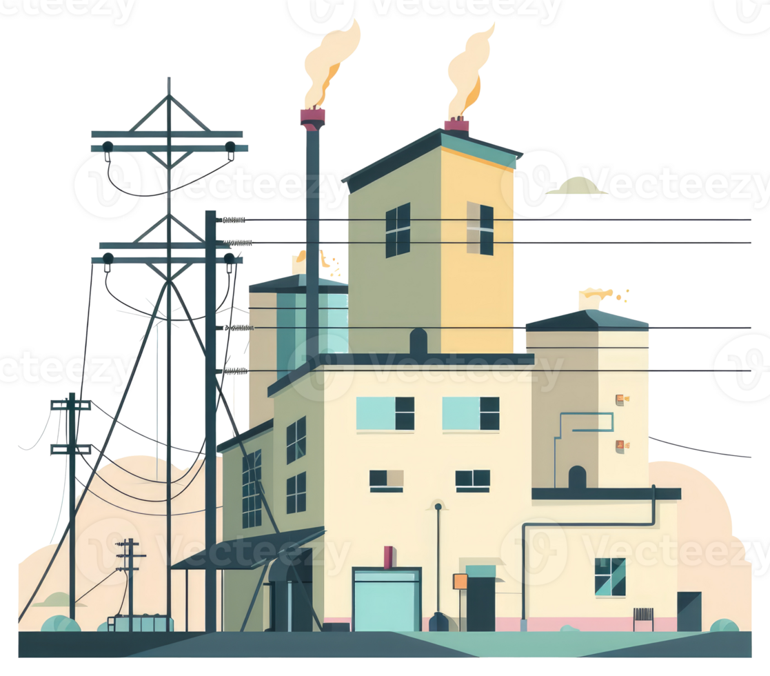 A simplified illustration shows an industrial building with smoke stacks png