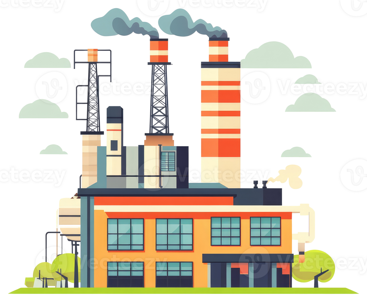 An illustrated factory building with smoke stacks in a clean design png