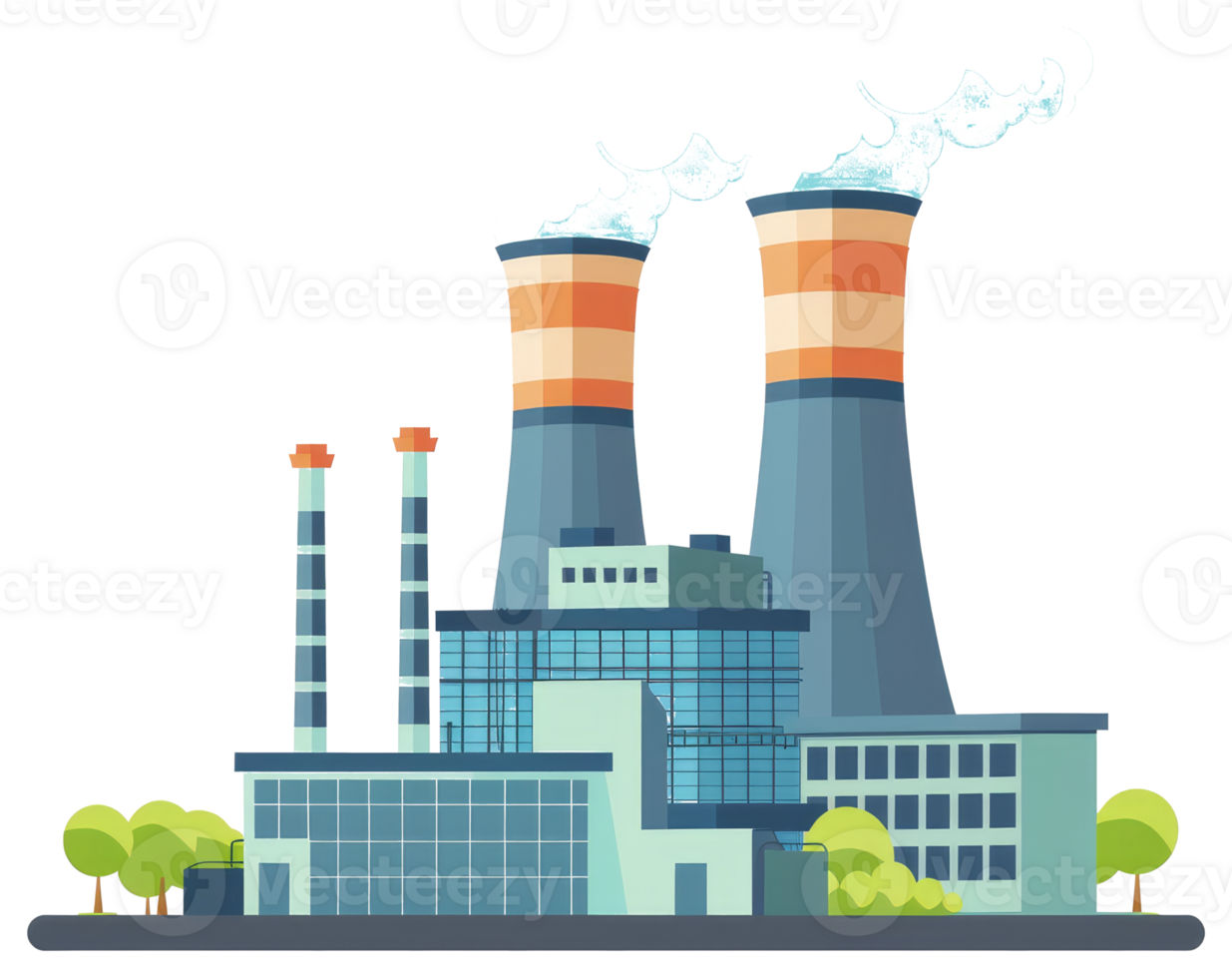 An industrial facility with tall smokestacks and emitting plumes of smoke png