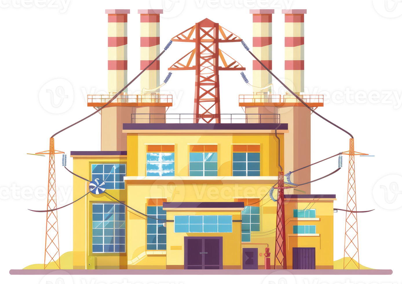 A large factory with smokestacks and power infrastructure systems png