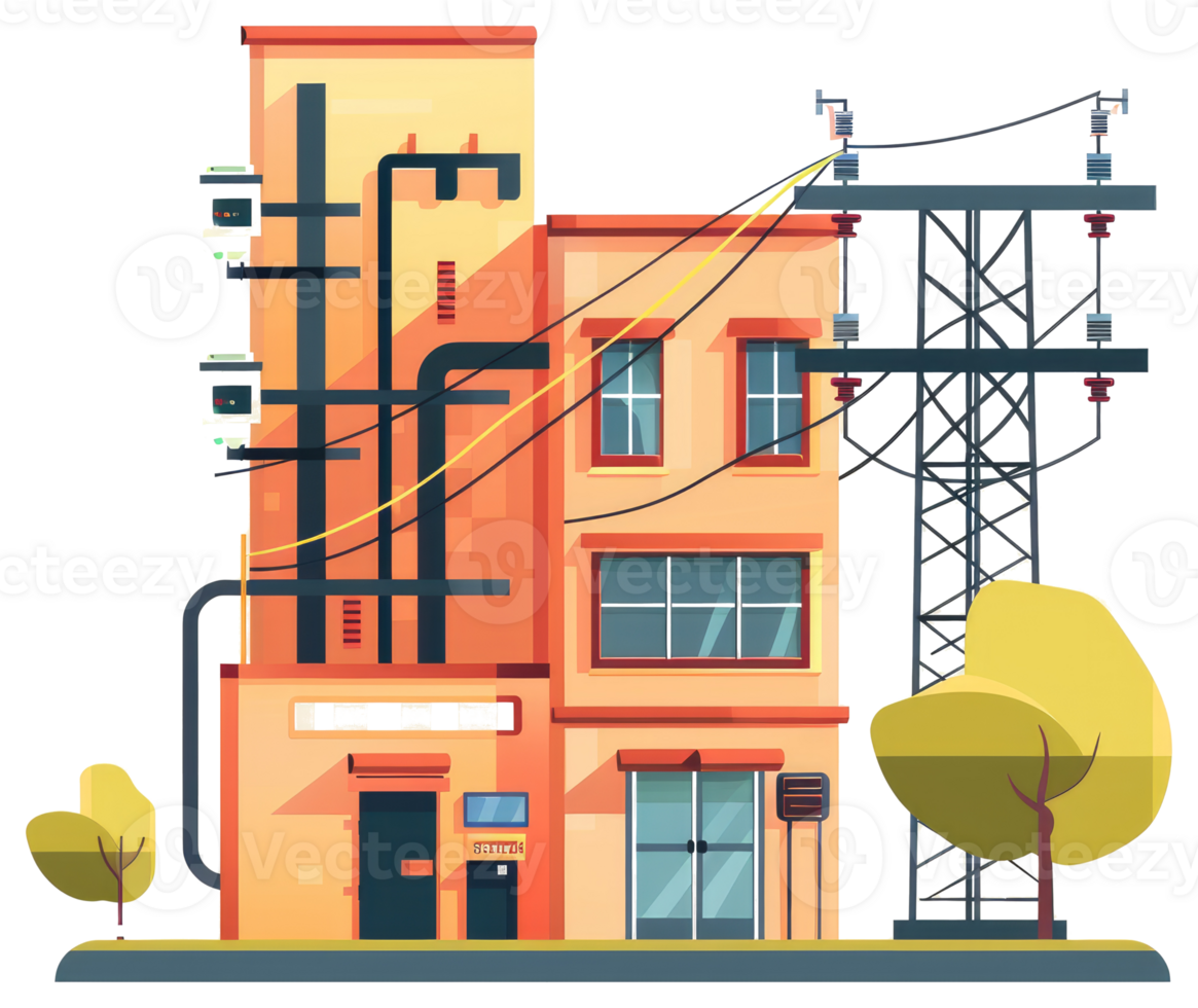 An illustrated building with electricity lines and a utility tower png
