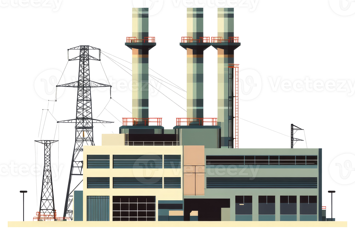 A stylized image of a power plant with tall smoke stacks png