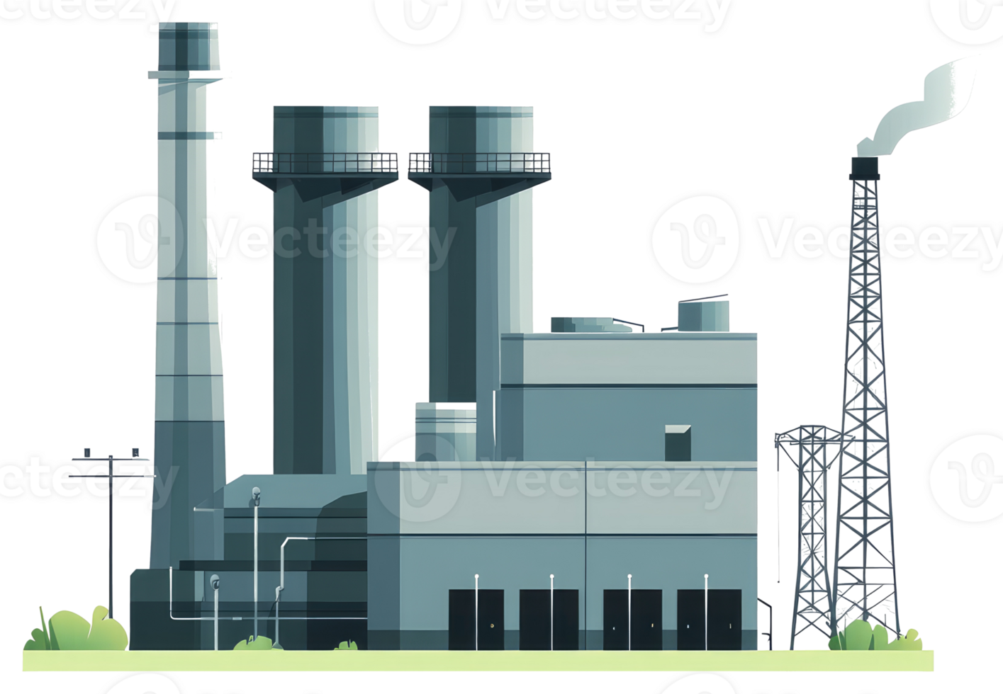 Industrial power plant illustration featuring multiple towers and buildings png