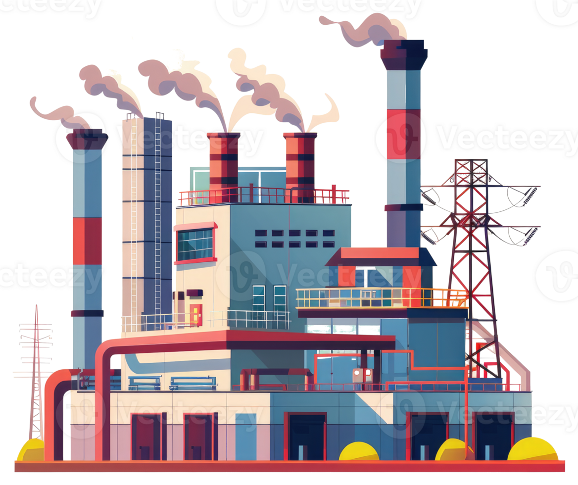 An illustrative cartoon depicts an industrial factory with smoke stacks png
