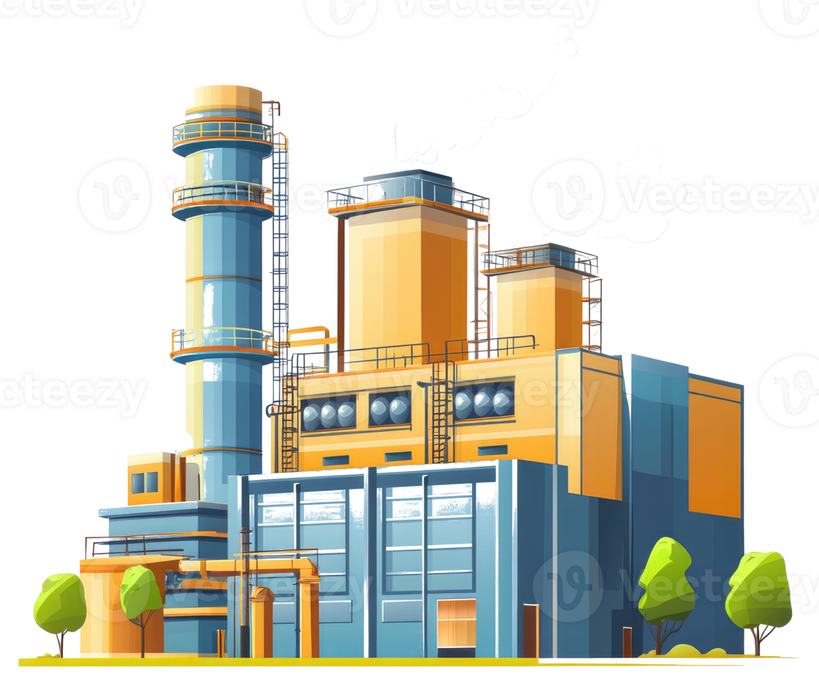 An illustration showing an industrial factory with its structures and smokestacks png