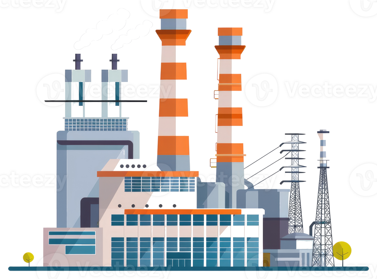 An industrial plant with multiple tall chimneys and cooling towers png