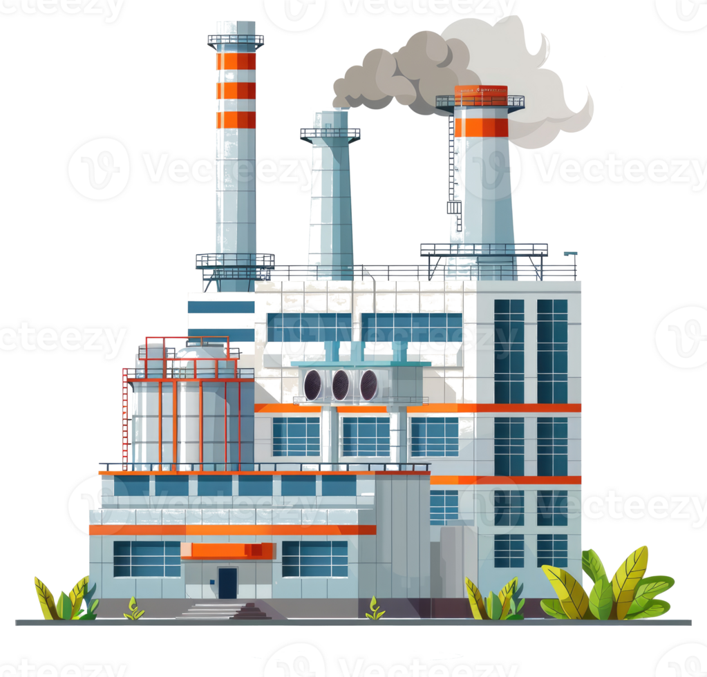 A stylized illustration depicts a large industrial factory complex emitting smoke png