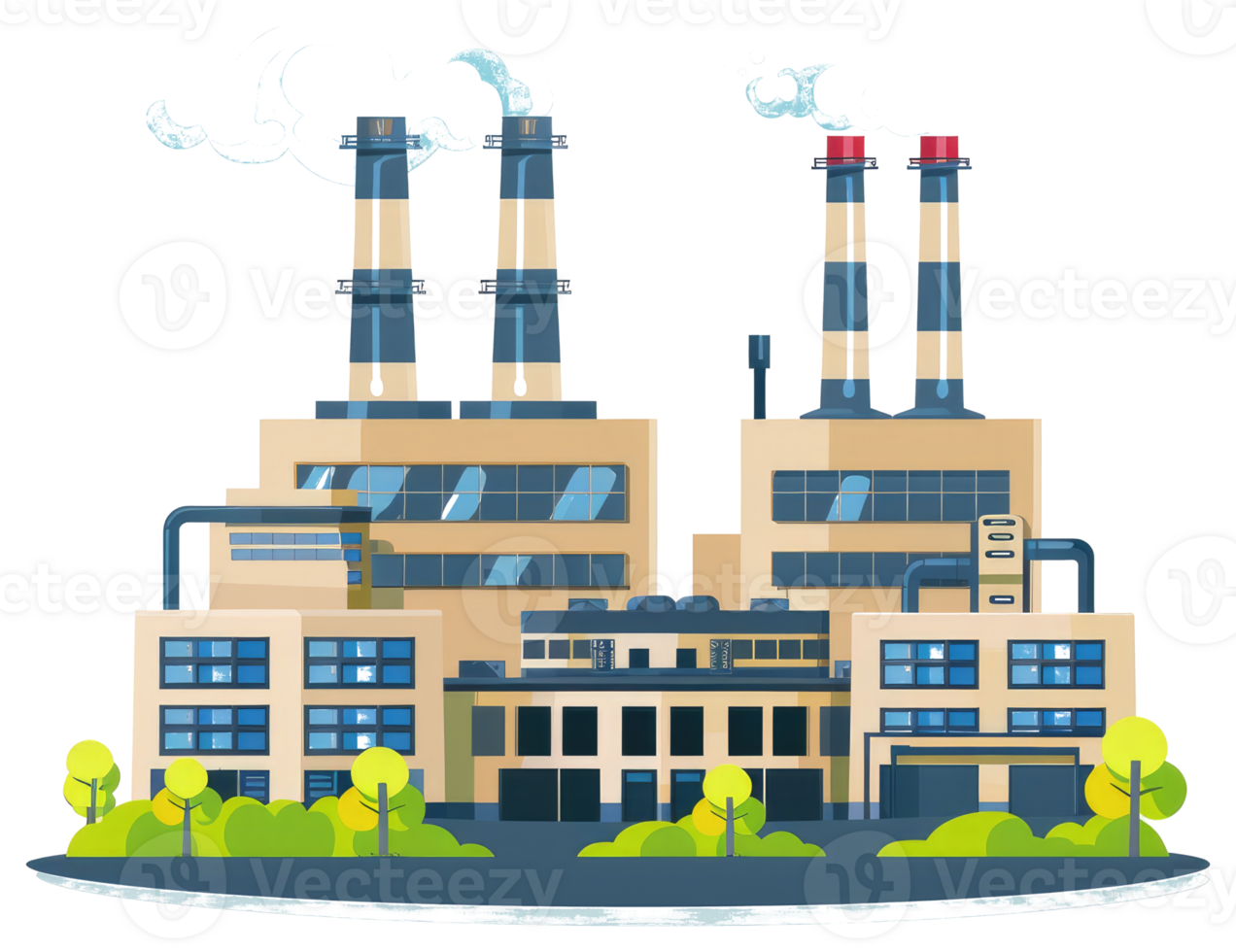 An illustration of a factory complex with smokestacks and emission png